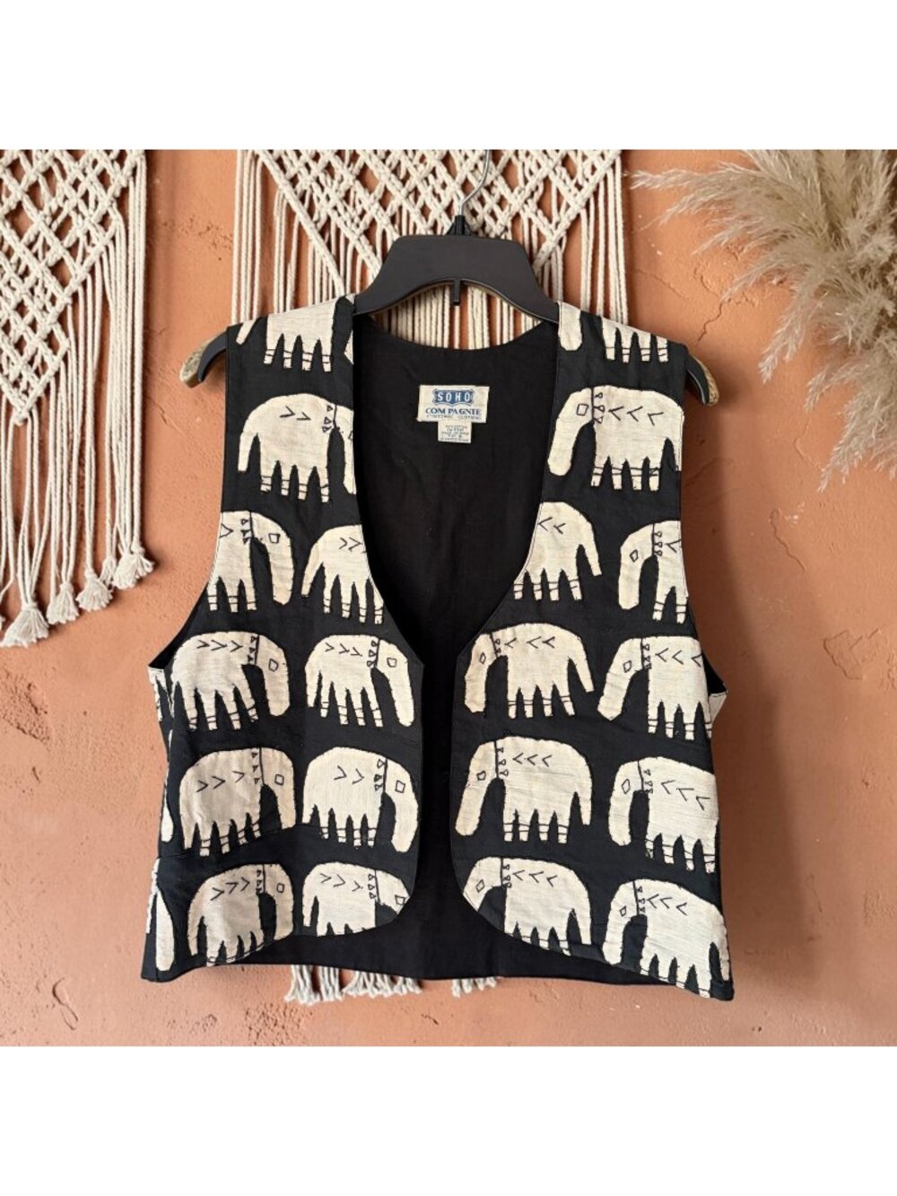 Vintage SOHO Compagnie Elephant Vest Medium Black Cotton Boho Appliqué India
